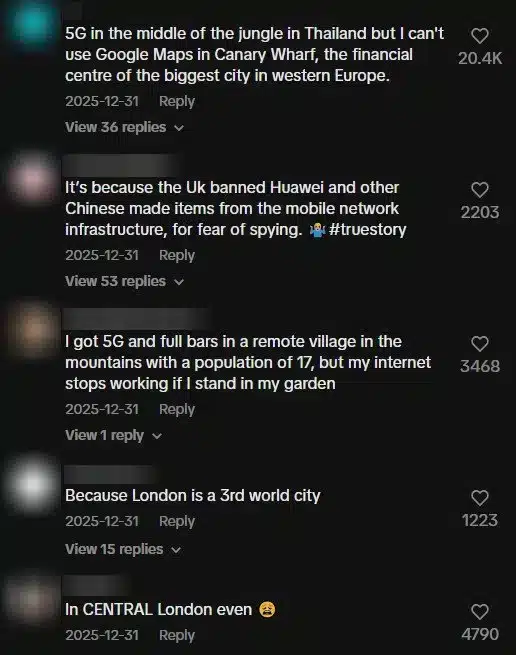 Screenshot of social media comments reacting to a viral 5G video in Thailand
