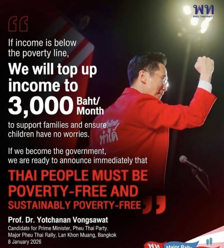 Pheu Thai pledges to top up income to 3,000 Baht for vulnerable Thais