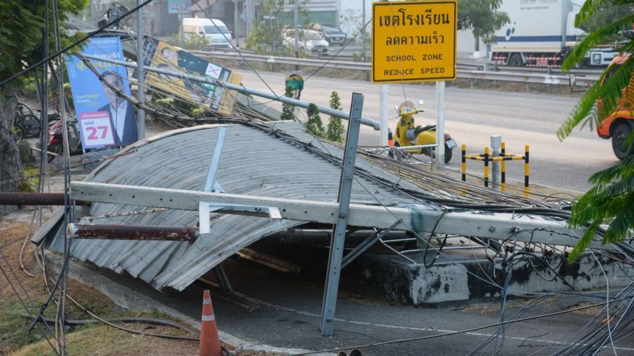 Toppled power poles and damage along Sukhumvit Road in Samut Prakan after truck hits cables near Bang Pu Industrial Estate