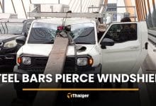Steel bars pierce windscreen after truck brakes suddenly | Thaiger