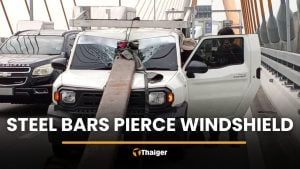 Steel bars pierce windscreen after truck brakes suddenly | Thaiger