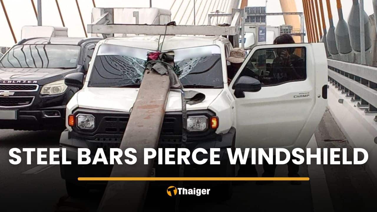 Steel bars pierce windscreen after truck brakes suddenly | Thaiger