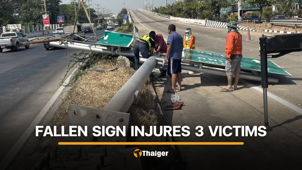 3 Thai victims injured after 1-tonne traffic sign collapses in Saraburi | Thaiger