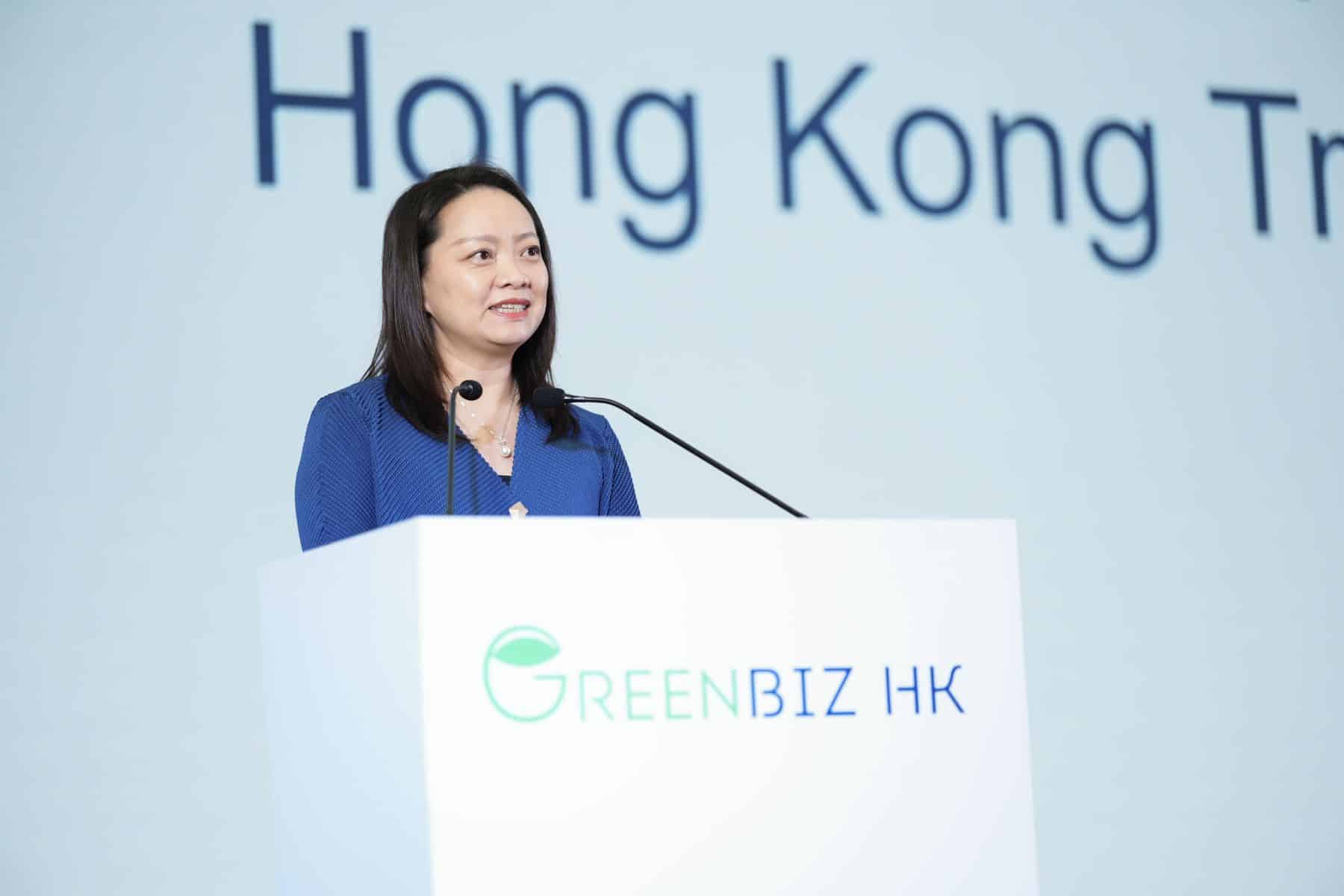 Anna Cheung speaks at the GreenBiz HK Forum, emphasizing Hong Kong's role in green innovation.
