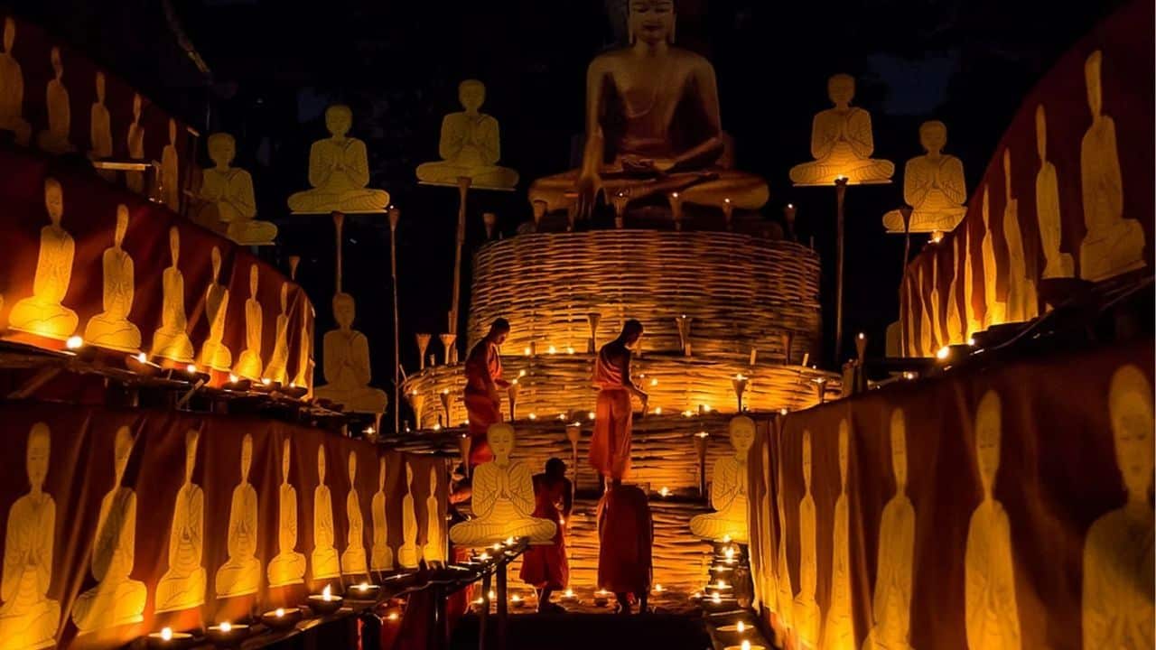 A serene temple scene during Makha Bucha Day, highlighting the significance of ethical conduct in Buddhism.