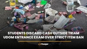 Students discard cash outside Triam Udom entrance exam over strict item ban | Thaiger