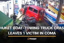 6 injured after boat-towing truck crashes into tuk tuk and massage shop in Phuket | Thaiger