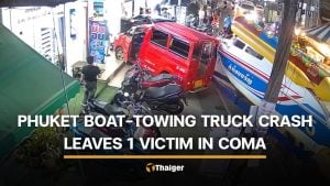 6 injured after boat-towing truck crashes into tuk tuk and massage shop in Phuket | Thaiger