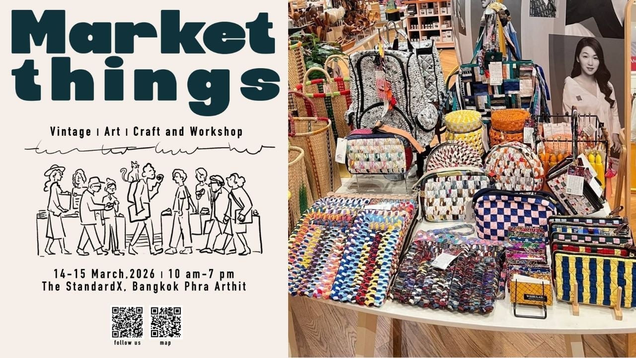 Visitors browsing unique vintage items at Market Things in Bangkok Phra Arthit.