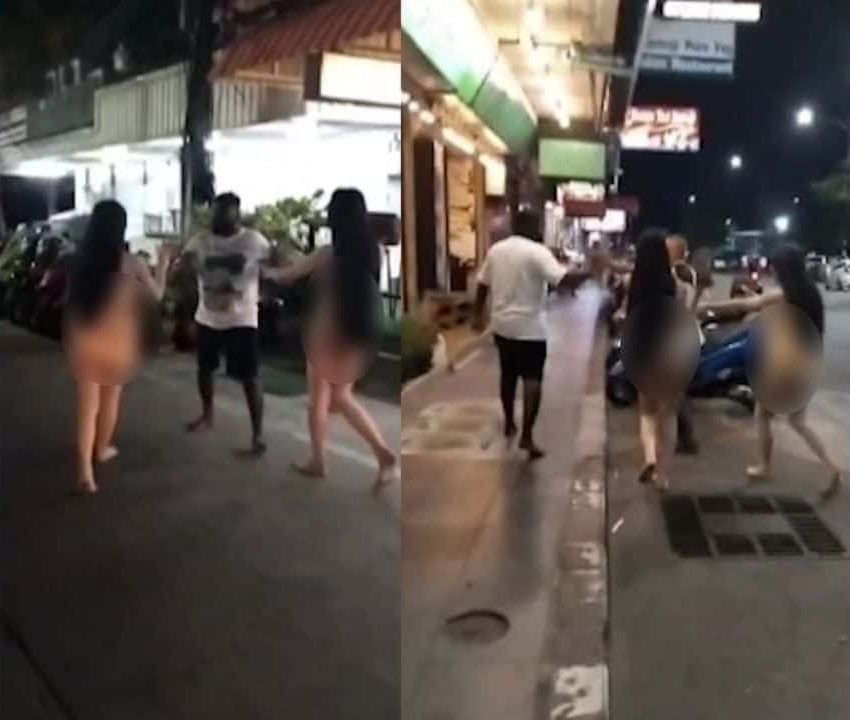 Naked transgender women chase Indian tourist on Pattaya beach