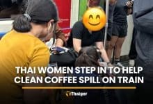 Thai women step in with tissues to help after coffee spills on a train | Thaiger