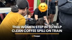 Thai women step in with tissues to help after coffee spills on a train | Thaiger