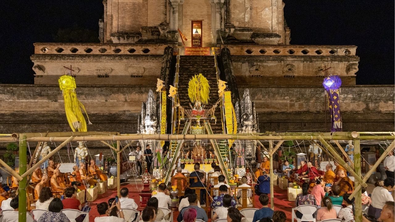 Wat Chedi Luang in Chiang Mai during Songkran 2026 celebrations showcasing traditional rituals.