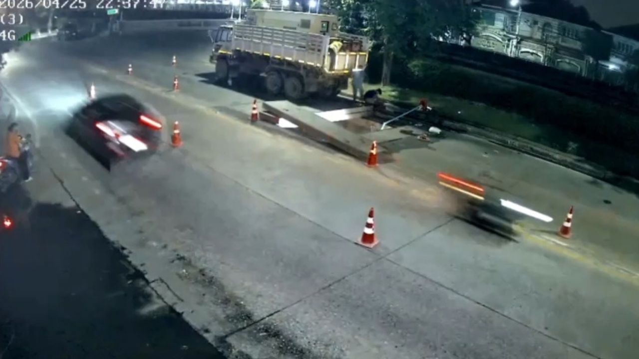 A motorcycle plunged into a construction pit in Nonthaburi, injuring two people before rescuers pulled an unconscious woman from below.