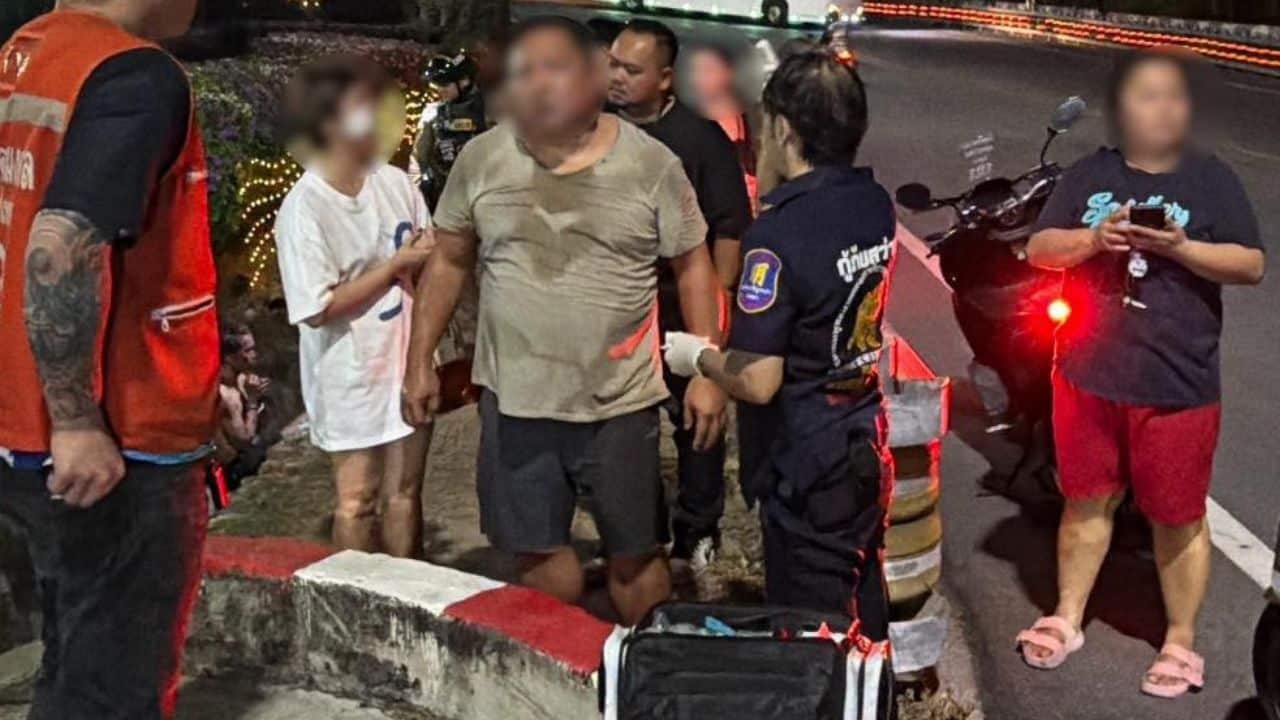 Police detained a homeless man in Pattaya after two bar owners were injured in a reported stone attack on their motorbike.