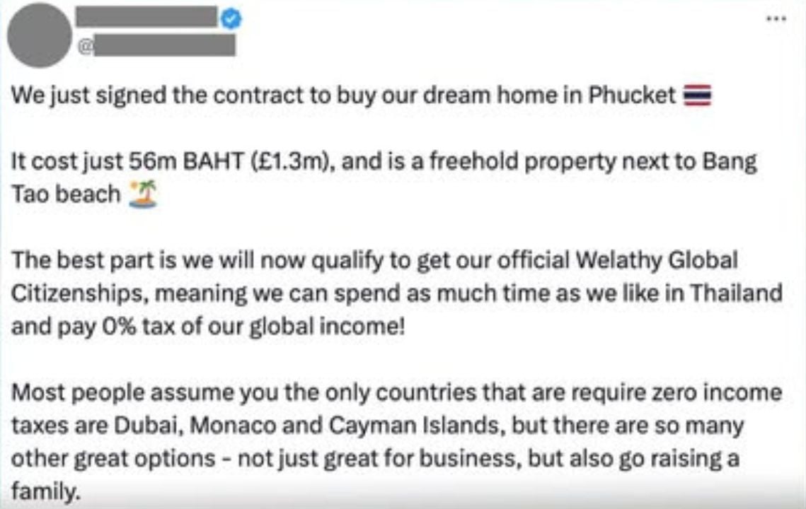 A foreign buyer claimed a 56 million baht Phuket home purchase would allow a long stay in Thailand and 0% tax on global income.
