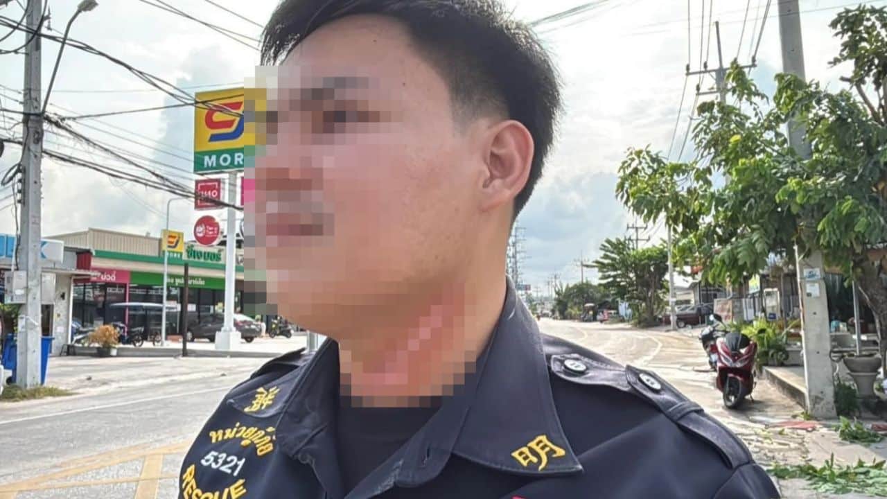 A rescue worker in Pattaya suffered a deep neck wound after a low-hanging internet cable caught him while he was riding a motorcycle.