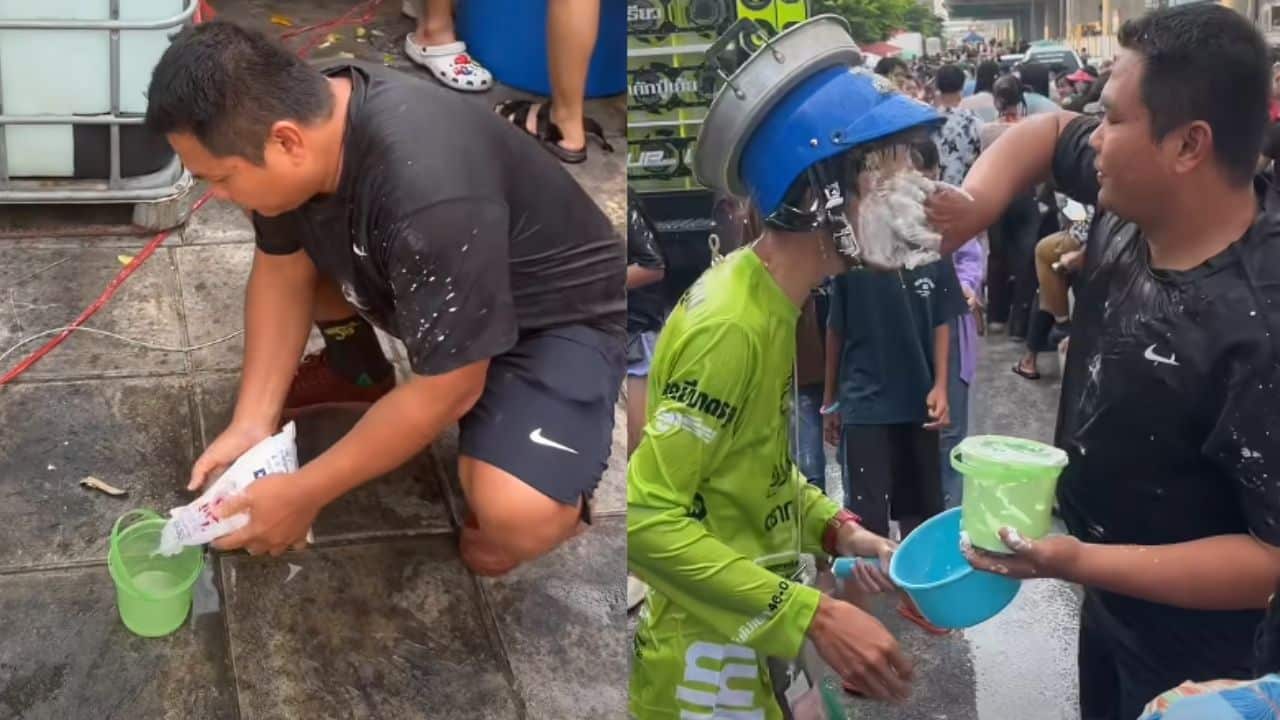 A Thai influencer’s Songkran powder stunt has drawn backlash after viewers questioned the use of what appeared to be tile grout.