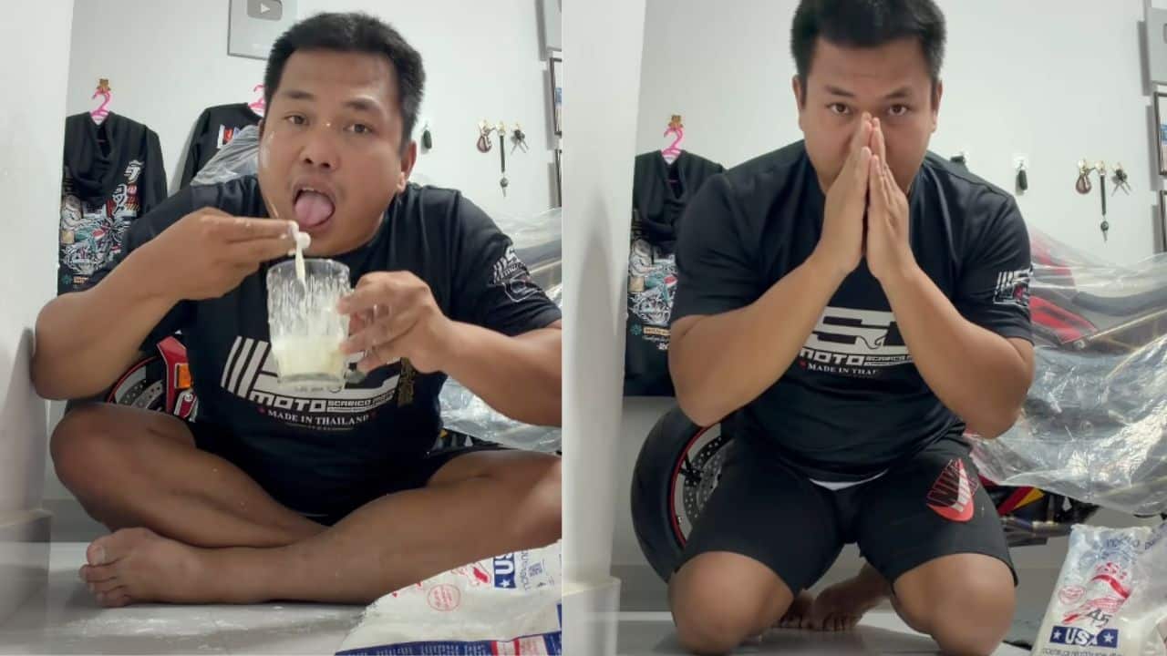 A Thai influencer’s Songkran powder stunt has drawn backlash after viewers questioned the use of what appeared to be tile grout.