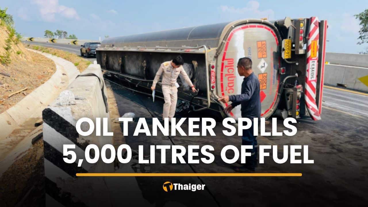 40,000-litre tanker overturns in Nan, spills 5,000 litres of oil | Thaiger