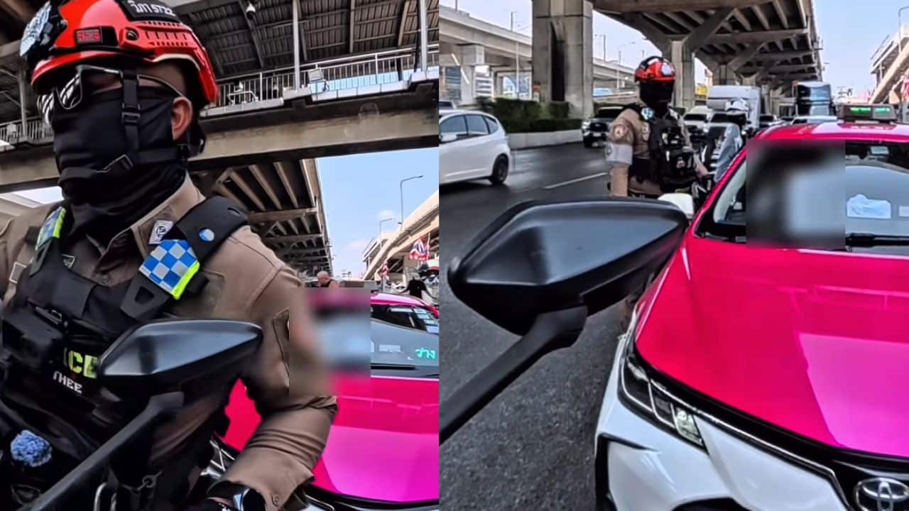 A viral video shows a taxi driver in Bangkok being fined after refusing passengers near Don Mueang Airport and breaking traffic rules.
