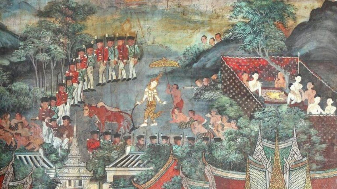 A mural depicting the Royal Ploughing Ceremony Thailand showcases its historical significance and cultural heritage.
