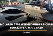 McLaren 570S wedged under pickup truck in Sai Mai crash | Thaiger