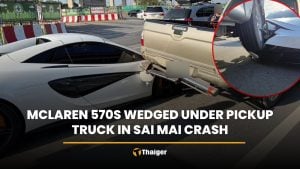 McLaren 570S wedged under pickup truck in Sai Mai crash | Thaiger