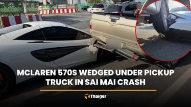 McLaren 570S wedged under pickup truck in Sai Mai crash | Thaiger