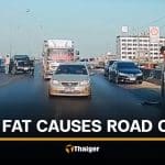 Pork fat spill leaves 5 cars sliding and crashing on Nakhon Pathom bridge | Thaiger