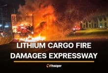 Truck carrying lithium batteries catches fire, damaging expressway in Chachoengsao | Thaiger