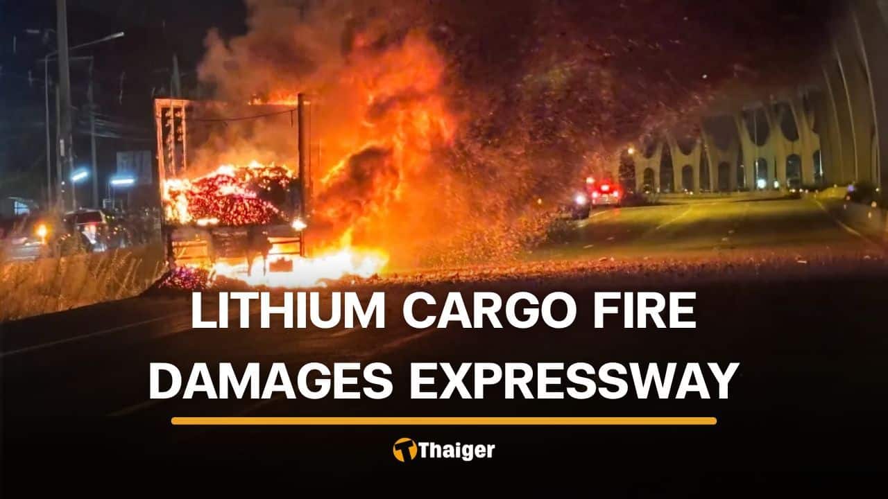 Truck carrying lithium batteries catches fire, damaging expressway in Chachoengsao | Thaiger