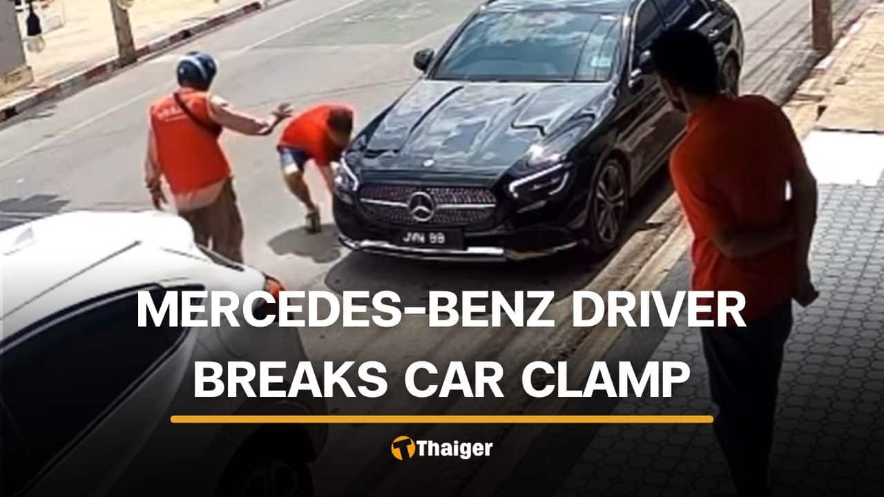Mercedes-Benz driver flees after damaging police car clamp | Thaiger
