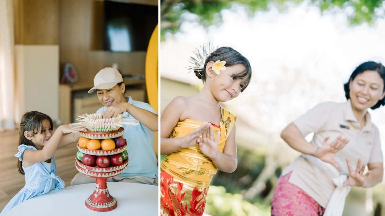 Multi-generational travelers making Gebogan at Umana Bali.