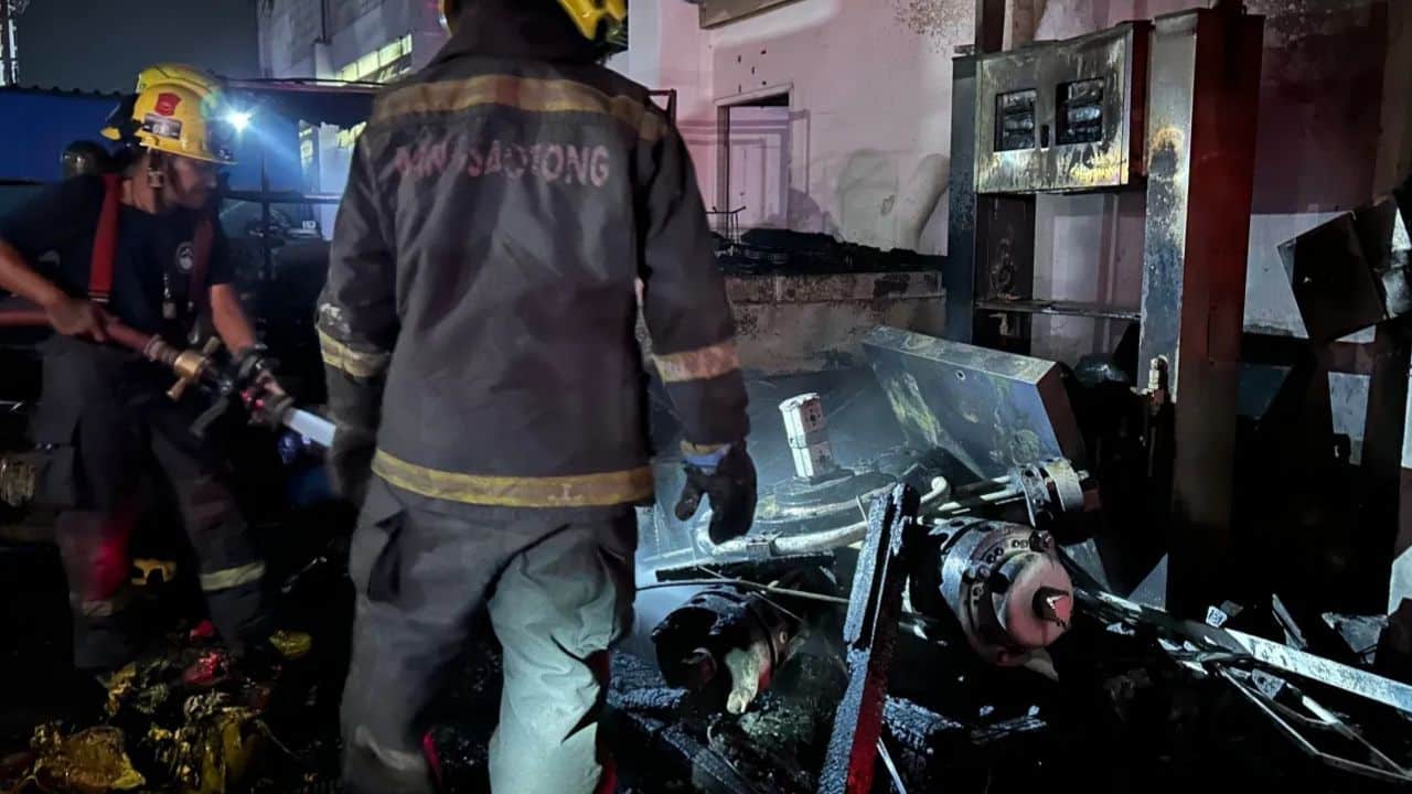 A fire damaged an EV charging cabinet and a small truck at a Samut Prakan factory. Police are checking for a possible electrical fault.