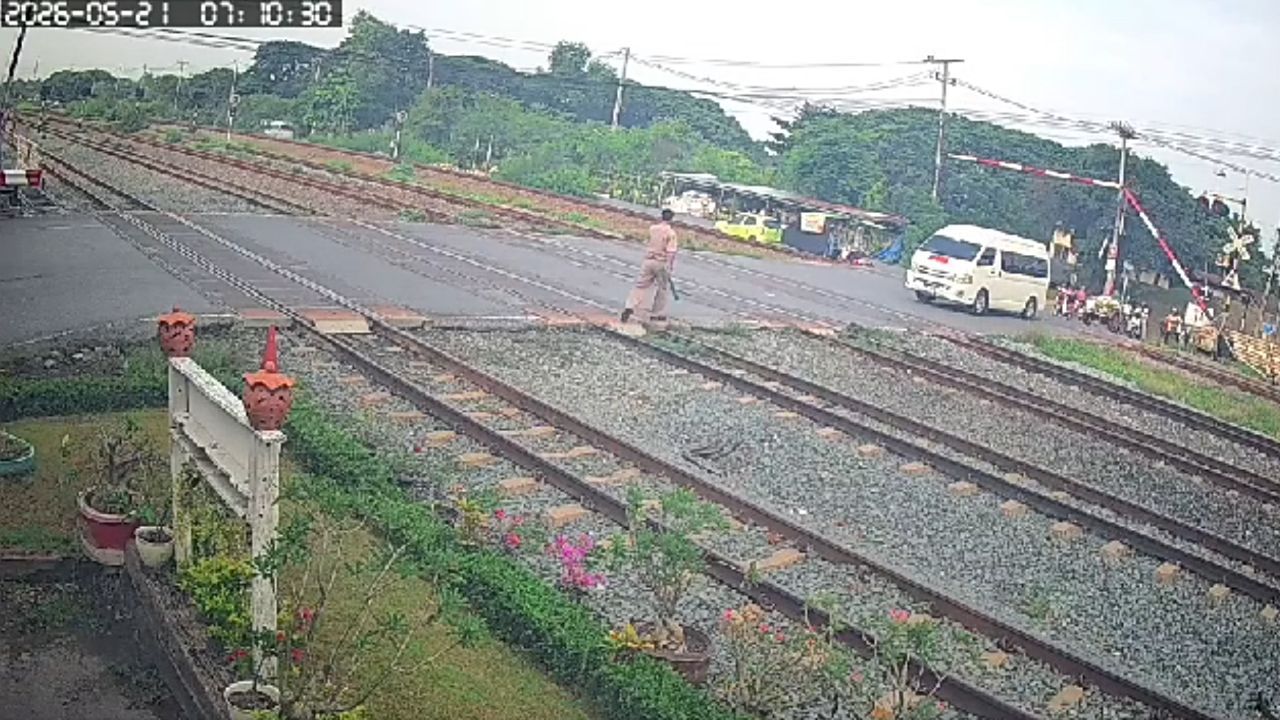 A video shared online shows a school van stopping on the tracks while a train approached, prompting railway staff to intervene.