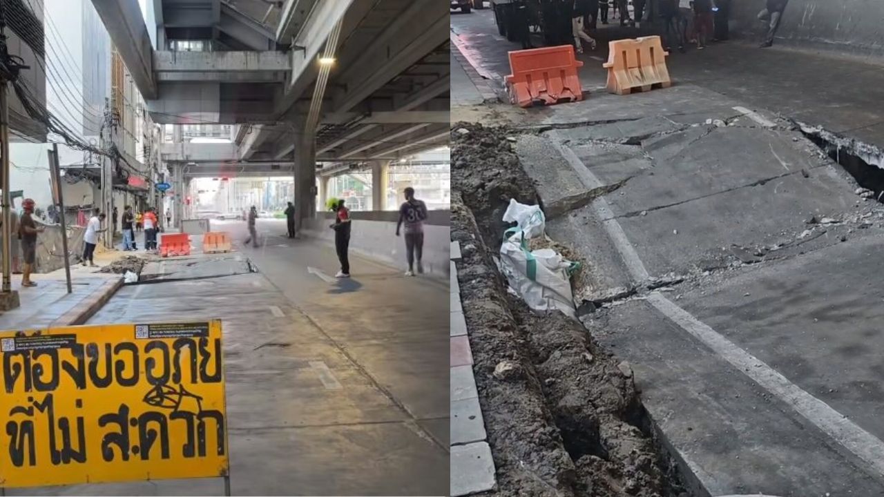 Officials are checking whether siphon pipe works caused a road collapse in Bangkok that left one lane damaged and a motorcyclist falling.