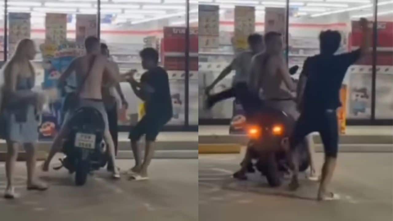 A foreign tourist accused of shoplifting fled after a brawl outside a Pattaya shop, leaving a motorcycle and shoes behind.