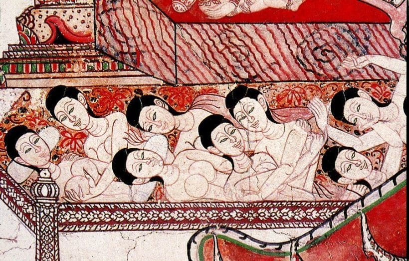 A mural from Wat Khongkharam in Ratchaburi province, dating back to the early Rattanakosin period, depicts court ladies embracing each other intimately, illustrating the "playing friends" or lesbian culture in the western part of Thailand.